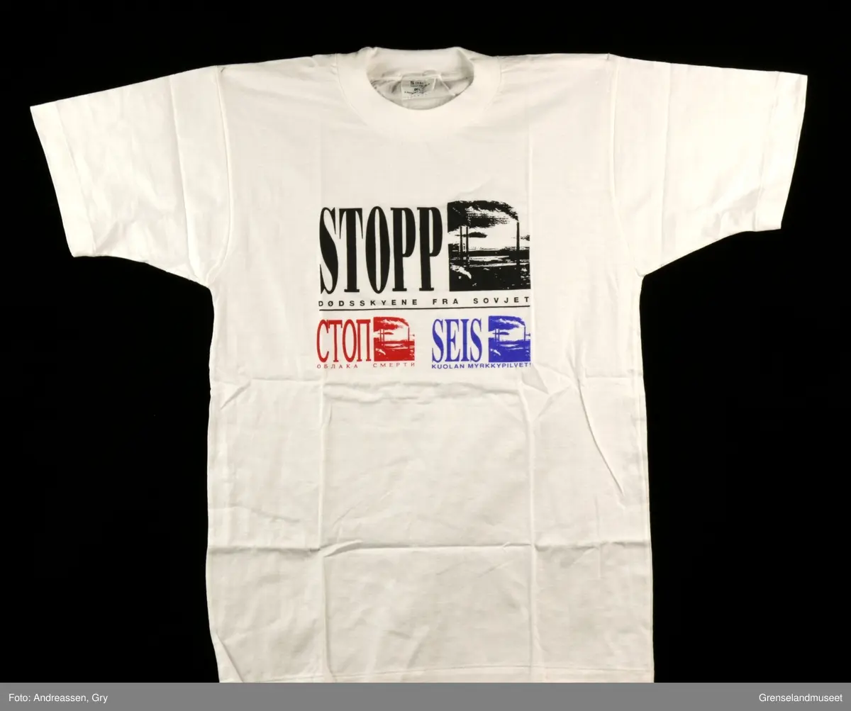 Logo og tekst på norsk russisk og finsk. - Stopp dødskyene fra Sovjet