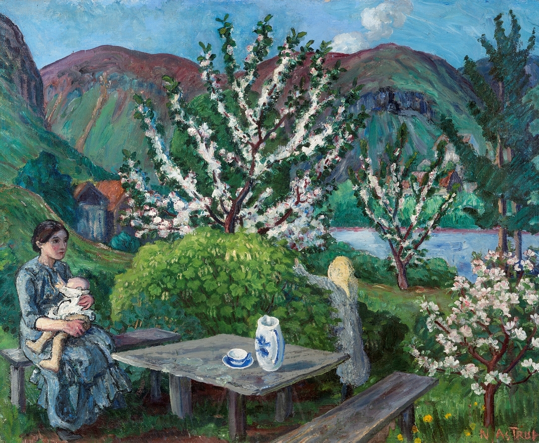 Mor og barn ved havebordet [Maleri]