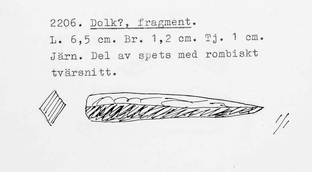 Fragment. Del av spets med rombiskt tvärsnitt. Möjligen en dolkspets.