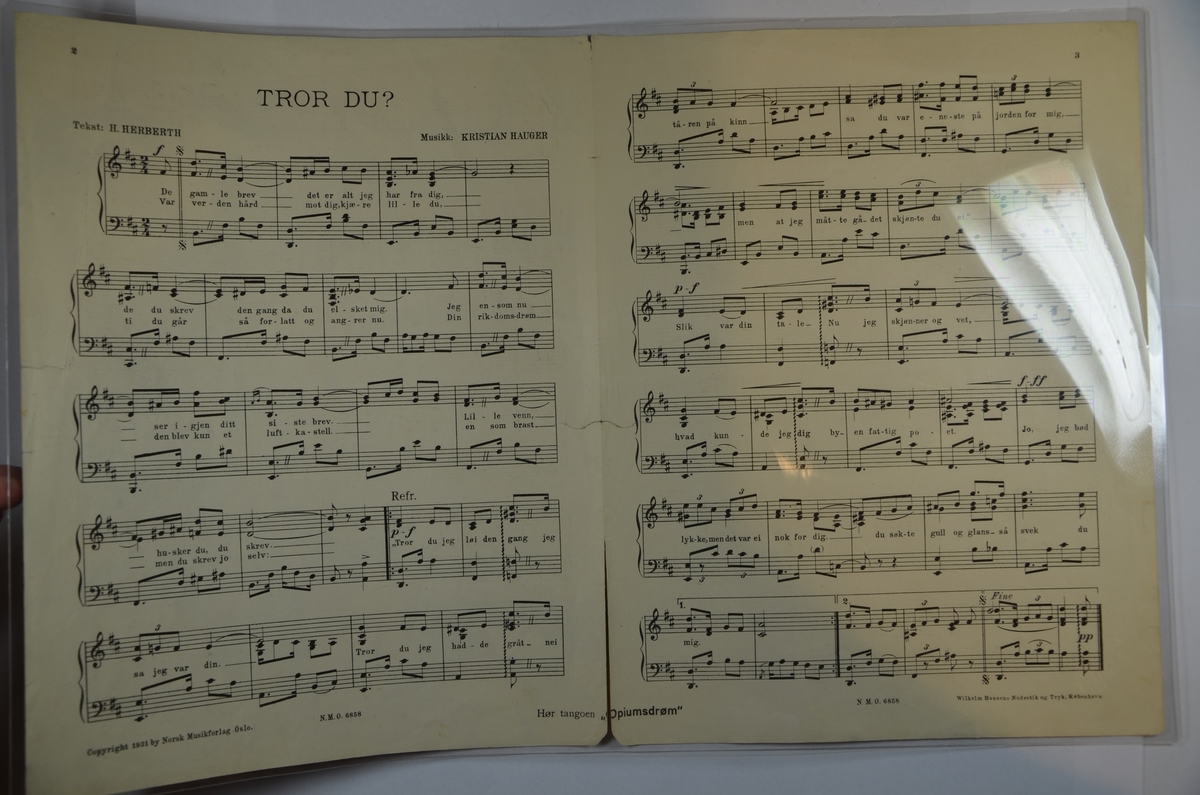 Plastinnbundet notehefte av sangen "Tror Du", en tango med musikk av Kristian Hauger, og tekst av Herberth. 
Utgitt av Norsk Musikforlag - Oslo i 1931.
Herbert var en sentral revyskikkelse i Norge i 1920- og 1930-årene, og han skrev kjente sangtekster som Blåklokker og Sol ute, sol inne. I etterkrigstiden var han særlig kjent for sine mange teltturneer med Cirkus Herberth Revyen.