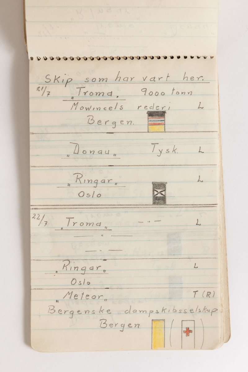 Notatbok av Gunnar Didriksen med  nedtegnelser over båt- og flytrafikk i Harstad sommeren 1942 med tegninger 