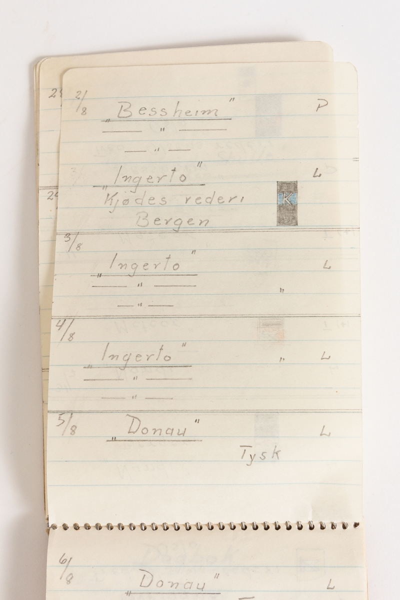 Notatbok av Gunnar Didriksen med  nedtegnelser over båt- og flytrafikk i Harstad sommeren 1942 med tegninger 