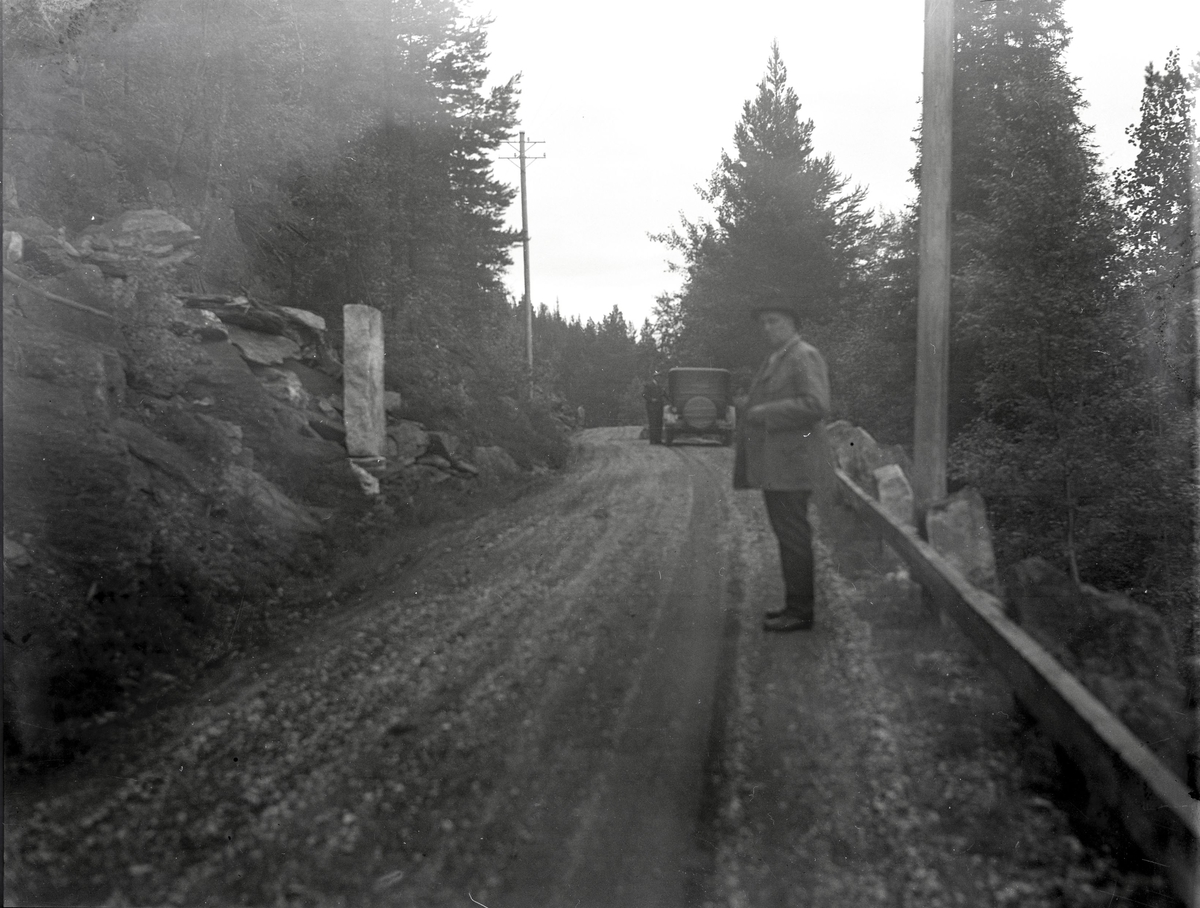 Foto av: bilen (utside og innside), veien med politi til stede, skog, åstedundersøking(?) ved et vann, utenfor en gård med politi og biler. Fra en overfallssak der to svensker visstnok var overfalt og drept, men det viste seg senere at den ene overfalt den andre. Etterforskningen ble utført av politifullmektig Hoel ved Uttrøndelag politikammer og politibetjent Dragvold ved Trondheim politikammer.