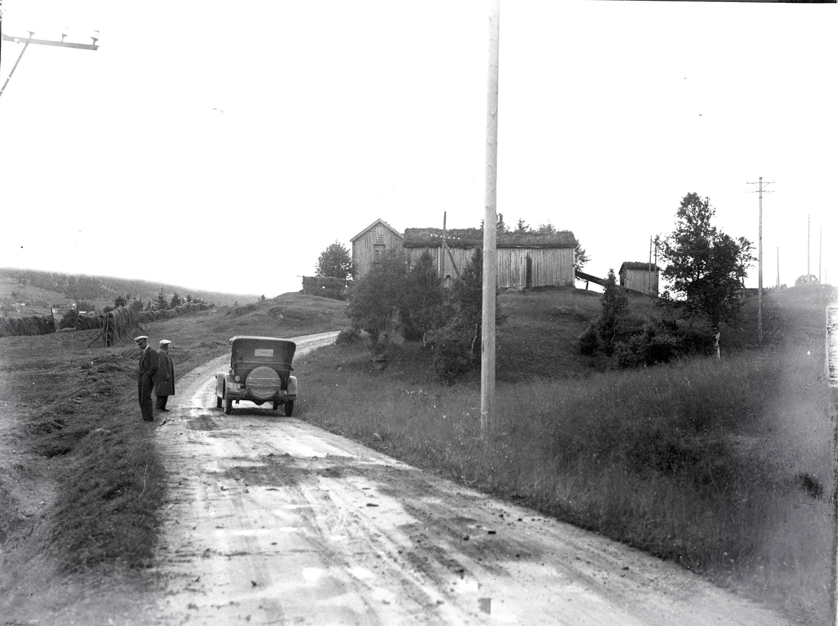 Foto av: bilen (utside og innside), veien med politi til stede, skog, åstedundersøking(?) ved et vann, utenfor en gård med politi og biler. Fra en overfallssak der to svensker visstnok var overfalt og drept, men det viste seg senere at den ene overfalt den andre. Etterforskningen ble utført av politifullmektig Hoel ved Uttrøndelag politikammer og politibetjent Dragvold ved Trondheim politikammer.