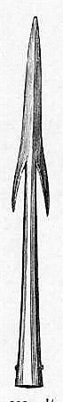 Spydspiss av jern med mothaker som type Rygh 212 fra eldre jernalder. Funnet i Vang i Valdres.