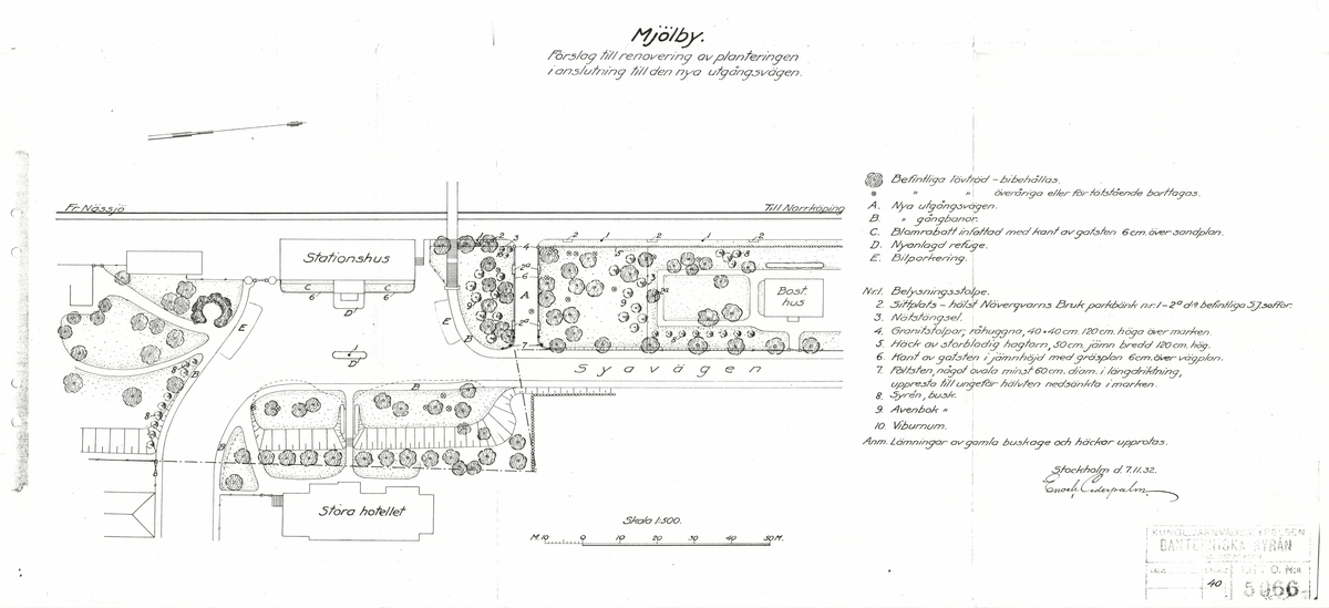 Mjölby. Förslag till renovering av planteringen i anslutning till den nya utgångsvägen.

Buskar: Syren, avenbok, Viburnum.

Fogelbergs samling. Inför järnvägens 150-årsjubileum 2006 gjorde Fredrik Fogelberg och Charlotte Lagerberg Fogelberg ett utredningsarbete åt dåvarande Banverket om järnvägens planteringar. Närmare 200 planteringsskisser kopierades från Riksarkivet, landsarkiven och hos privatpersoner. Planteringsskisserna är digitaliserade från de gjorda kopiorna och inte från originalen i arkiven.