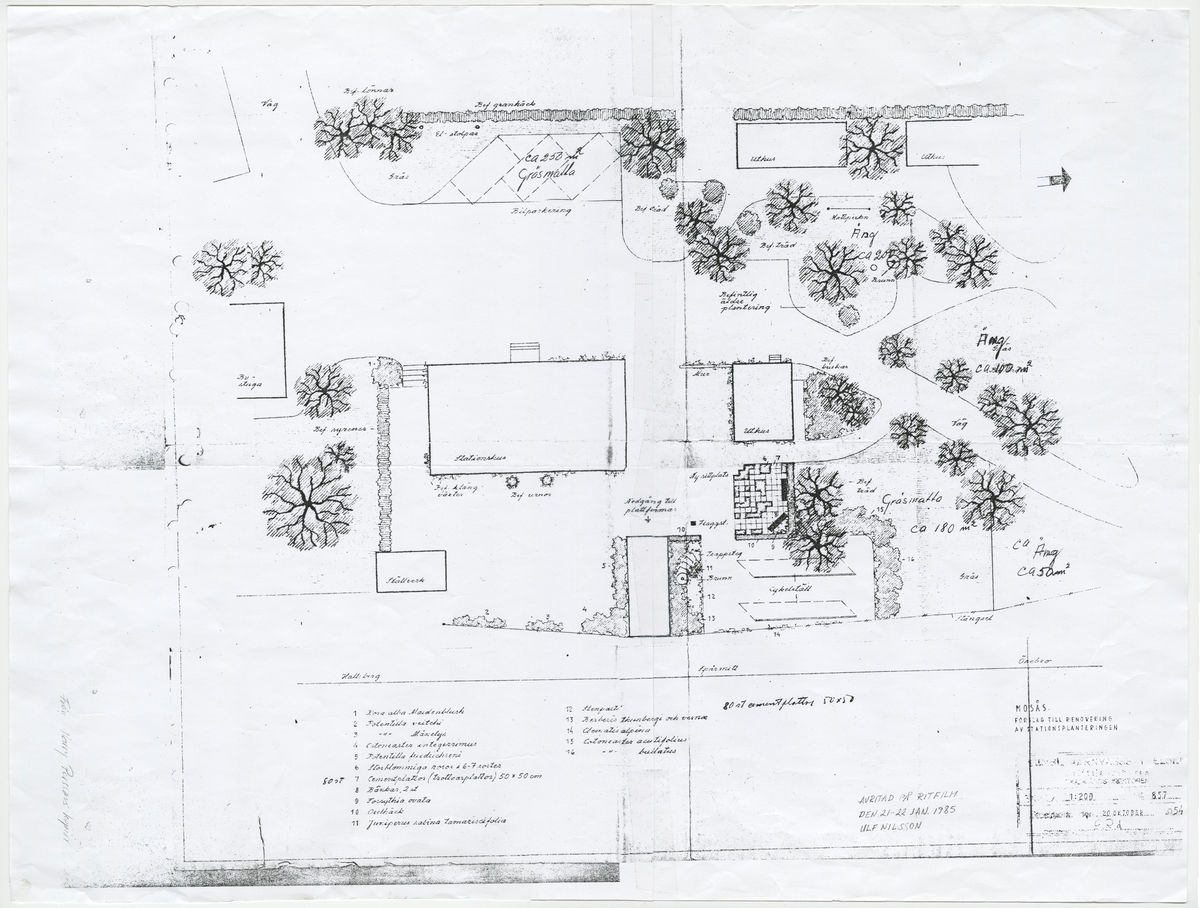 Mosås. Förslag till renovering av stationsplanteringen.

Buskar: syren, Rosa alba maidenblush, Potentilla veitchi, Potentilla Månelys, Forsythia ovata, Clematis alpina, Cotoneaster acutifolius, Cotoneaster bullatus, Berberis thunbergii, Berberis vernae, Juniperus sabina tamariscifolia, Potentilla friedrichiensis, Cotoneaster integerrimus?

Träd: lönn, gran.

Fogelbergs samling. Inför järnvägens 150-årsjubileum 2006 gjorde Fredrik Fogelberg och Charlotte Lagerberg Fogelberg ett utredningsarbete åt dåvarande Banverket om järnvägens planteringar. Närmare 200 planteringsskisser kopierades från Riksarkivet, landsarkiven och hos privatpersoner. Planteringsskisserna är digitaliserade från de gjorda kopiorna och inte från originalen i arkiven.