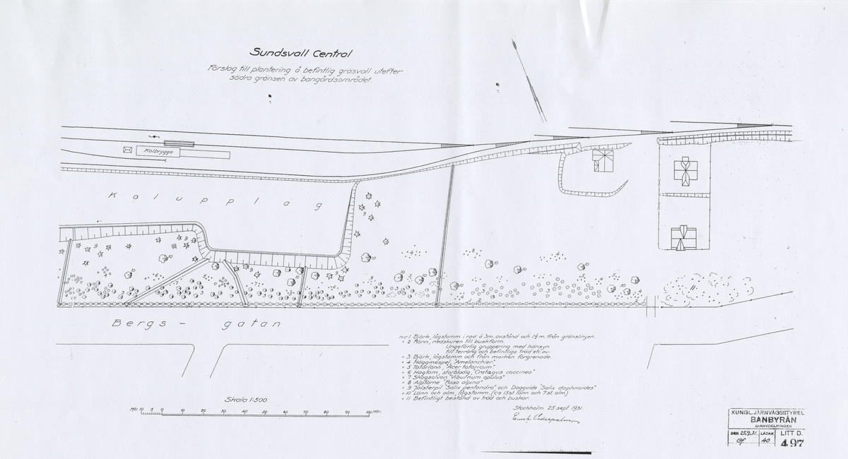 Sundsvall Central. Förslag till plantering å befintlig gräsvall utefter södra gränsen av bangårdsområdet.

Buskar: häggmispel, Amelanchier, rönn - nedskuren i buskform.

Träd: björk (lågstam), rönn (lågstam från marken förgrenade), tatarlönn - Acer tataricum, hagtorn storbladig - Crataegus coccinea, skogsolvon - Viburnum opulus, daggvide - Salix daphnoides, jolsterpil - Salix pentandra, lönn (lågstam), alm (lågstam).

Rosor: Rosa alpina, alptörne.

Fogelbergs samling. Inför järnvägens 150-årsjubileum 2006 gjorde Fredrik Fogelberg och Charlotte Lagerberg Fogelberg ett utredningsarbete åt dåvarande Banverket om järnvägens planteringar. Närmare 200 planteringsskisser kopierades från Riksarkivet, landsarkiven och hos privatpersoner. Planteringsskisserna är digitaliserade från de gjorda kopiorna och inte från originalen i arkiven.