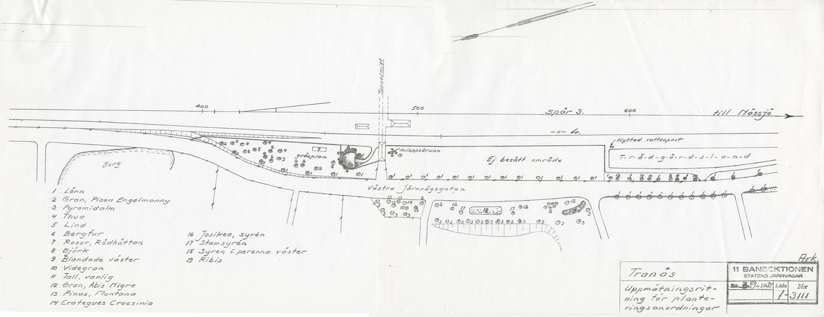 Tranås. Uppmätningsritning för planteringsanordningar.

Buskar: Thuja, Crategues crocsinia (hagtorn, Crataegus coccinea), Josikea, syren, Ribis?.

Träd: lönn, gran - Pisea Engelmanny, pyramidalm, lind, bergfur, björk, videgran, tall - vanlig, gran, Abis Nigra, Pinus, Montana, stamsyren.

Fogelbergs samling. Inför järnvägens 150-årsjubileum 2006 gjorde Fredrik Fogelberg och Charlotte Lagerberg Fogelberg ett utredningsarbete åt dåvarande Banverket om järnvägens planteringar. Närmare 200 planteringsskisser kopierades från Riksarkivet, landsarkiven och hos privatpersoner. Planteringsskisserna är digitaliserade från de gjorda kopiorna och inte från originalen i arkiven.
