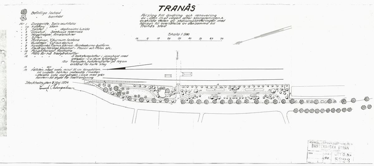 Tranås. Förslag till ändring och renovering av den mot vägen efter stängsellinjen A avskilda delen av stationsplanteringen med hänsyn till överlåtelse av densamma till Tranås stad.

Buskar: daggvide, jolster, parkolvon, gullregn, korallkornell, Sambucus racemosa, Amelanchier, syren.

Träd: kastanj.

Perenner: pion, phlox.

Rosor: polyantharosor-rödhätte.

Fogelbergs samling. Inför järnvägens 150-årsjubileum 2006 gjorde Fredrik Fogelberg och Charlotte Lagerberg Fogelberg ett utredningsarbete åt dåvarande Banverket om järnvägens planteringar. Närmare 200 planteringsskisser kopierades från Riksarkivet, landsarkiven och hos privatpersoner. Planteringsskisserna är digitaliserade från de gjorda kopiorna och inte från originalen i arkiven.