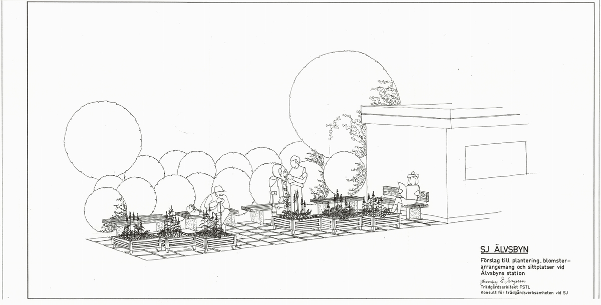 SJ Älvsbyn. Förslag till plantering, blomsterarrangemang och sittplatser vid Älvsbyns station.

Fogelbergs samling. Inför järnvägens 150-årsjubileum 2006 gjorde Fredrik Fogelberg och Charlotte Lagerberg Fogelberg ett utredningsarbete åt dåvarande Banverket om järnvägens planteringar. Närmare 200 planteringsskisser kopierades från Riksarkivet, landsarkiven och hos privatpersoner. Planteringsskisserna är digitaliserade från de gjorda kopiorna och inte från originalen i arkiven.