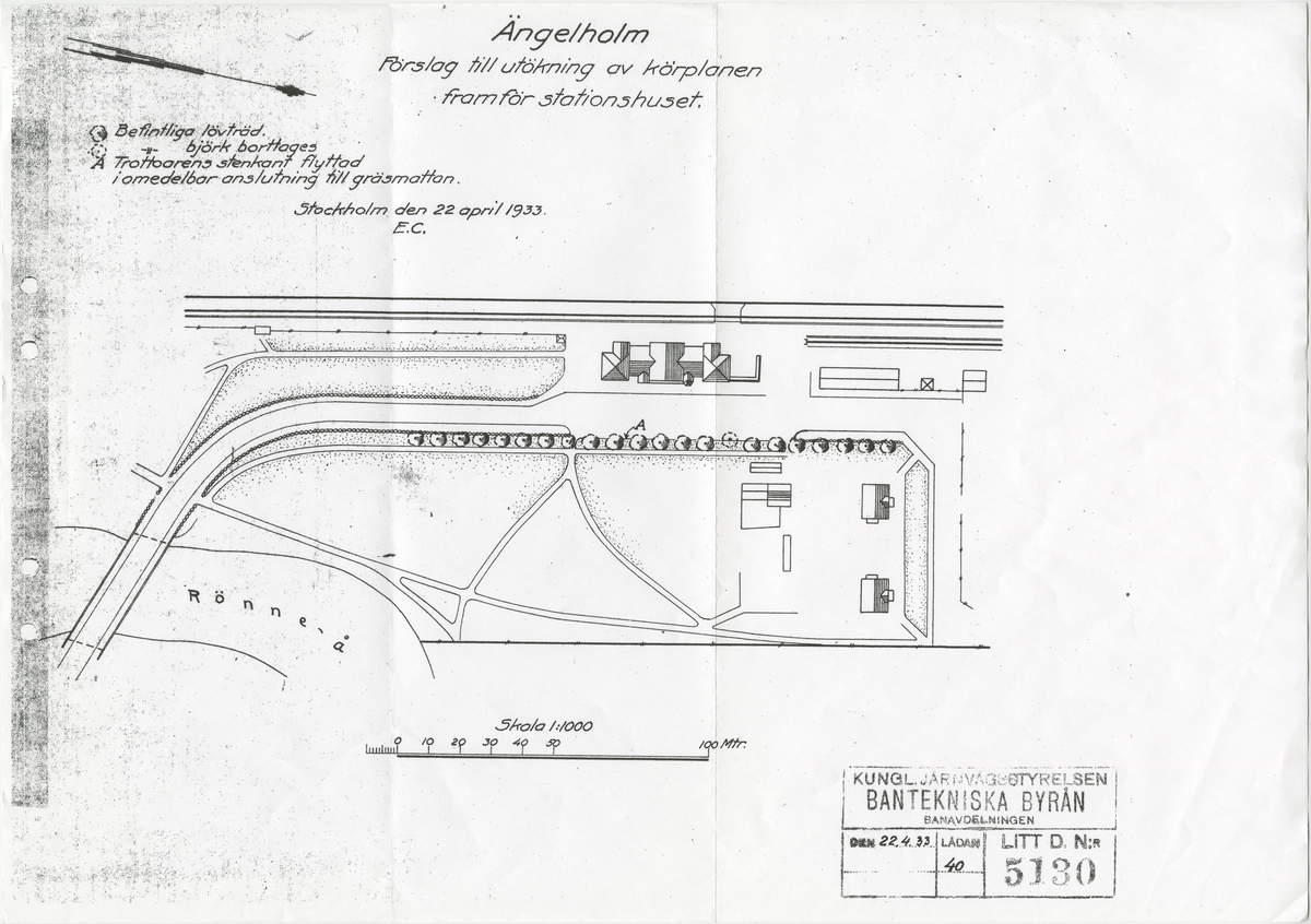 Ängelholm. Förslag till utökning av körplanen framför stationshuset.

Fogelbergs samling. Inför järnvägens 150-årsjubileum 2006 gjorde Fredrik Fogelberg och Charlotte Lagerberg Fogelberg ett utredningsarbete åt dåvarande Banverket om järnvägens planteringar. Närmare 200 planteringsskisser kopierades från Riksarkivet, landsarkiven och hos privatpersoner. Planteringsskisserna är digitaliserade från de gjorda kopiorna och inte från originalen i arkiven.