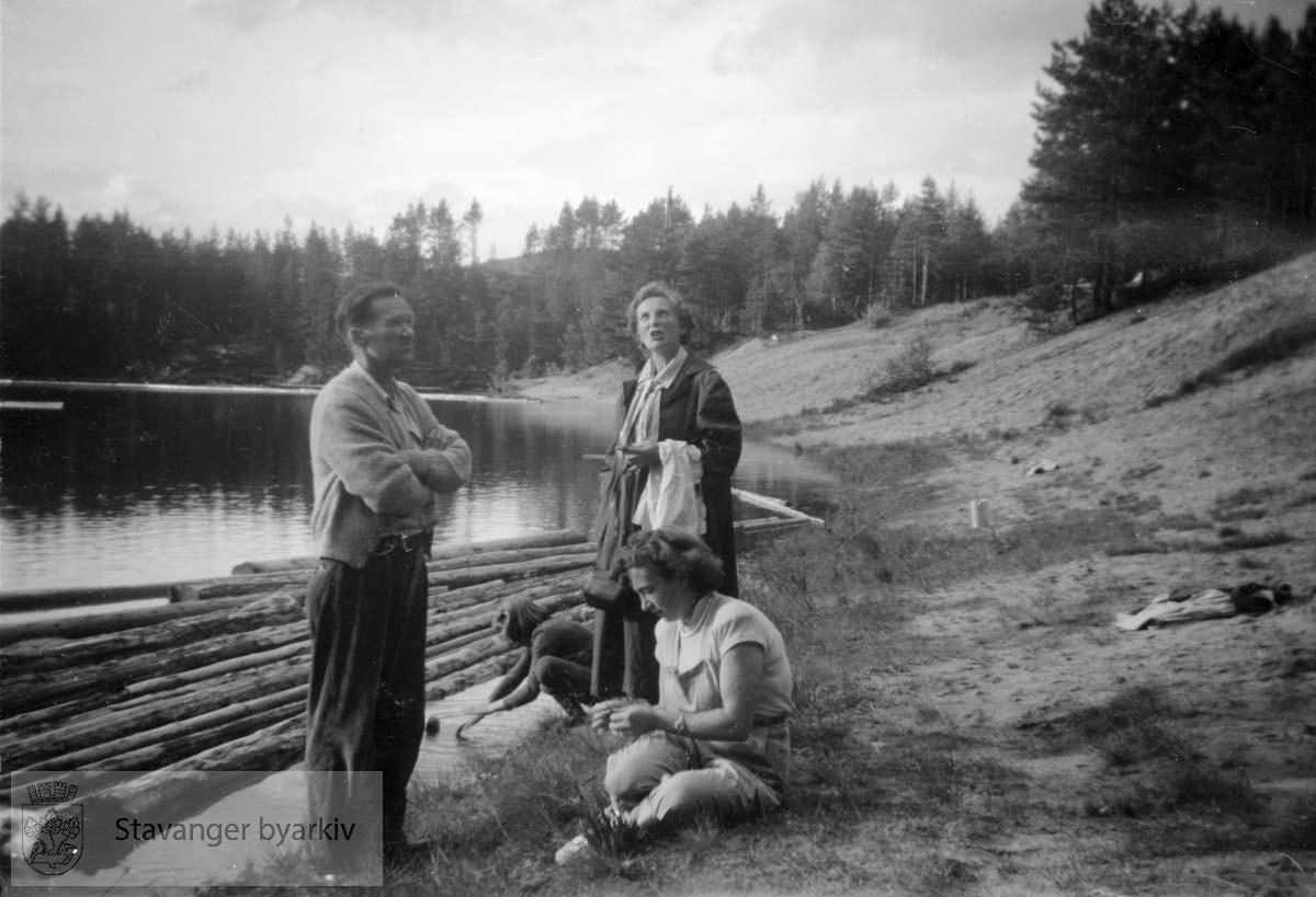 Tømmer ligger i vannkanten....Konvolutt merket "Gjerstad - Setesdal turbilder"