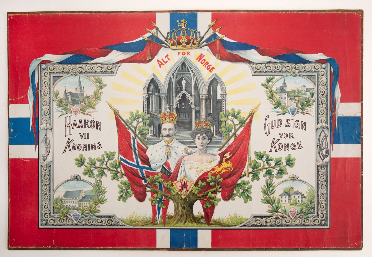 Montasje med portretter av dronning Maud, kong Haakon, norske flagg, Nidarosdomen, Akershus festning, Eidsvollsbygningen og Håkonshallen.