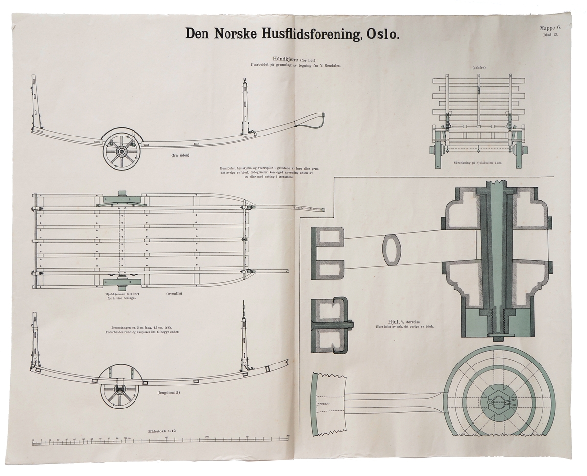 Ti ulike arbeidstegninger av hjulredskaper i et brunt pappomsalg utgitt av Den norske husflidsforening i 1933. Mappe seks med tilsammen 12 blad, blad 9 og 14 mangler.