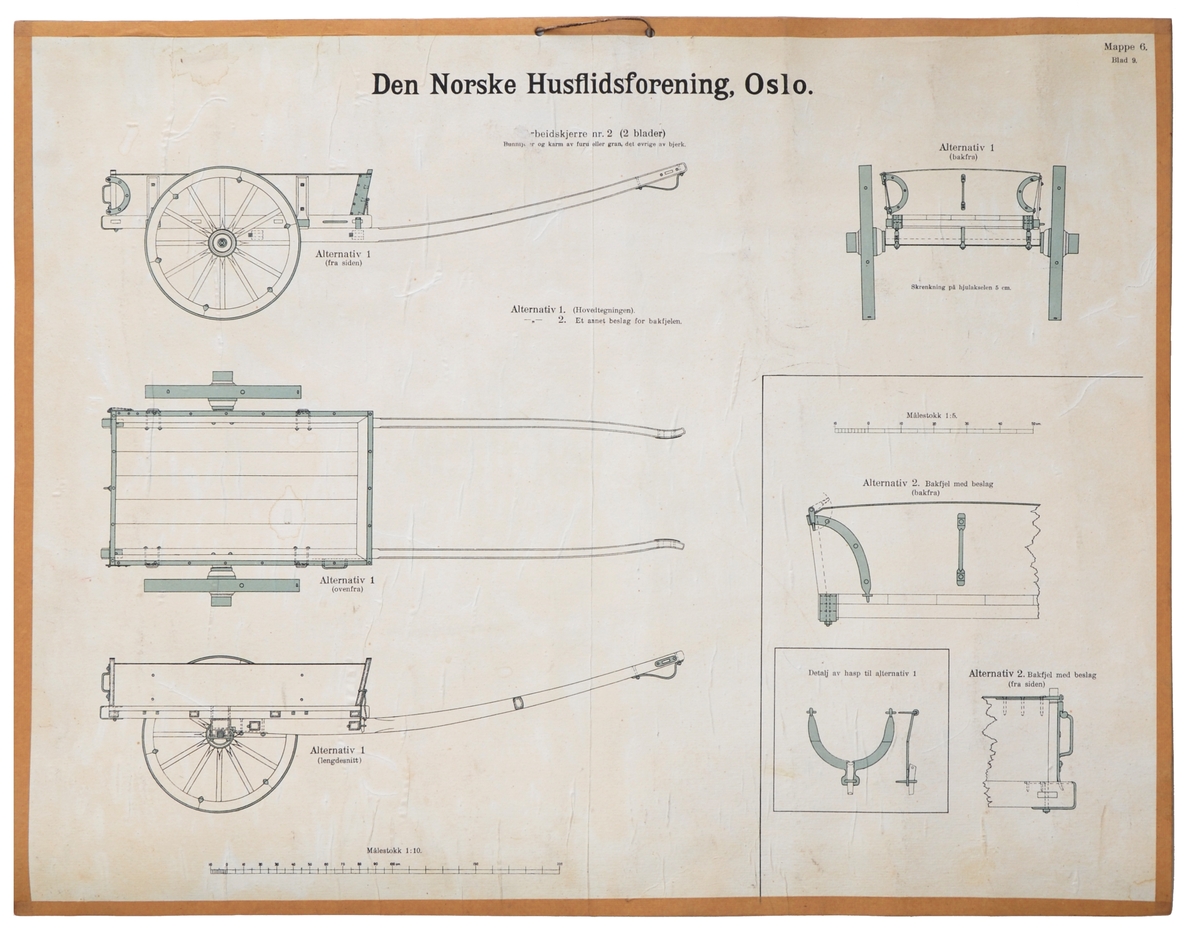 Arbeidstegning av arbeidskjerre nr. 2 merket med mappe 6, blad 9 se forøvrig STMU-003702, limt på en papplate med ei snor til oppheng.