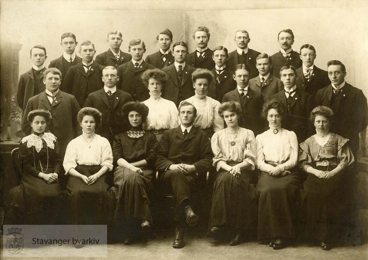 Otto Treiders handelsskole, "6 maanedlig klasse J," skoleåret 1909 fotografert av kongelig hoffotograf L. Szacinski, Kristiania.