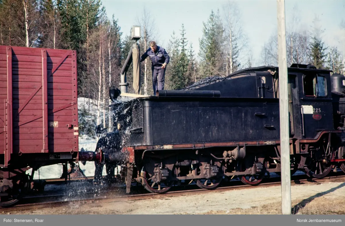 Damplokomotiv type 21b nr. 225 med godstog til Rødberg på Lampeland holdeplass.