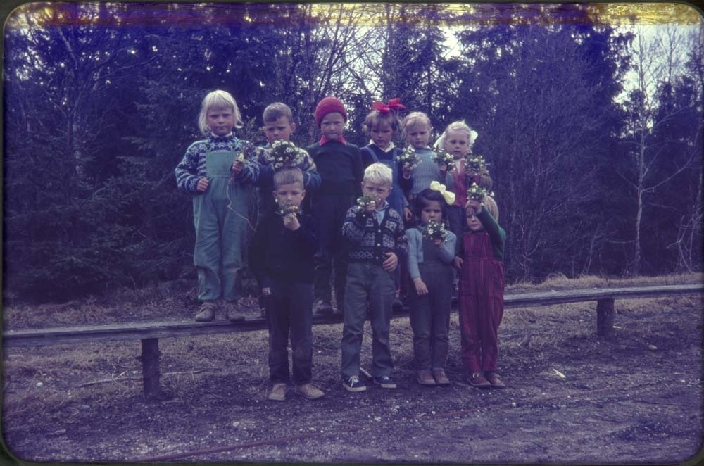 Kippermoen barnepark, 1961-62. Mange barn som står oppstilt med blomsterbuketter.