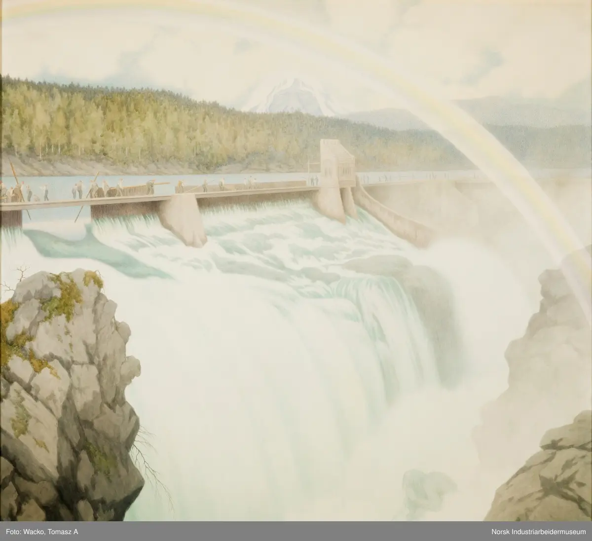 Fem akvareller med motiv fra utbyggingen av kraftverket Svælgfos. «Fossen» (1907), «Grunnarbeide» (1907), «Dammen på Kloumann-sjøen» (1908), «Svælgfos» (1907) og «Markens grøde» (1907).