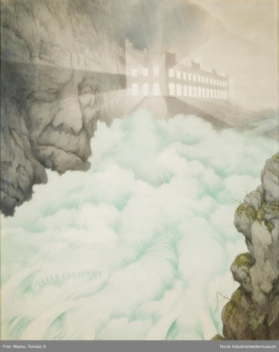 Fem akvareller med motiv fra utbyggingen av kraftverket Svælgfos. «Fossen» (1907), «Grunnarbeide» (1907), «Dammen på Kloumann-sjøen» (1908), «Svælgfos» (1907) og «Markens grøde» (1907).