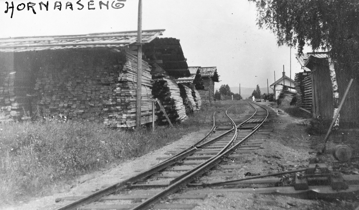 Ved- og plankelagre som venter på transport, trolig under krisen i 1918. Det pågår oppsetting av stolper for elektrisk belysning. Stasjonen har fremdeles utvendig parafinbelysning.