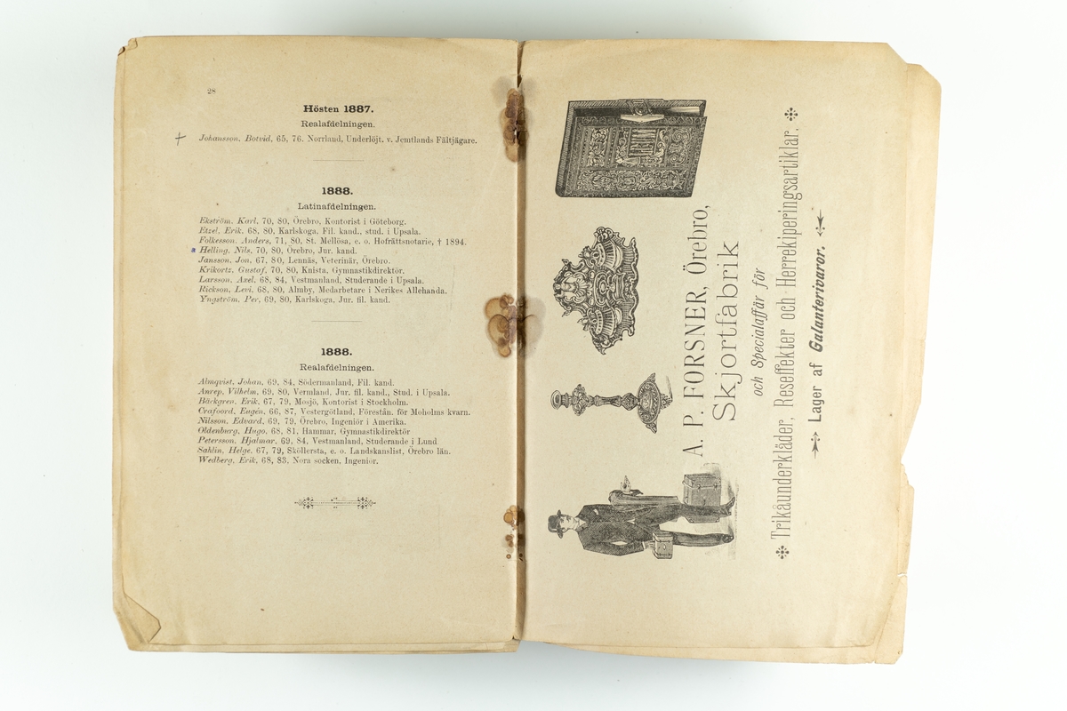 En katalog "Örebro studenter 1864-1888" vid Karolinska läroverket.