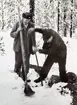 Grävning av stolphål i Öljung 1951. Emanuel Möller med skopa.