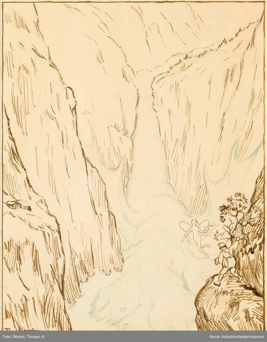 Fem forstudeier og skisser til svelgfos-serien. Motiv fra utbyggingen av kraftverket Svælgfos. Forarbeidet til «Fossen» (1907), «Grunnarbeide» (1907), «Dammen på Kloumann-sjøen» (1908), «Svælgfos» (1907) og «Markens grøde» (1907).