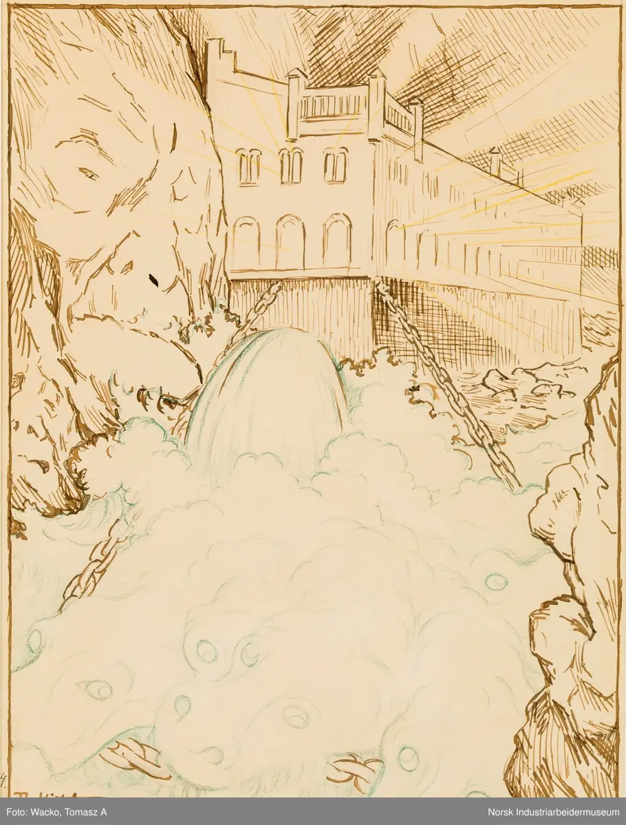 Fem forstudeier og skisser til svelgfos-serien. Motiv fra utbyggingen av kraftverket Svælgfos. Forarbeidet til «Fossen» (1907), «Grunnarbeide» (1907), «Dammen på Kloumann-sjøen» (1908), «Svælgfos» (1907) og «Markens grøde» (1907).