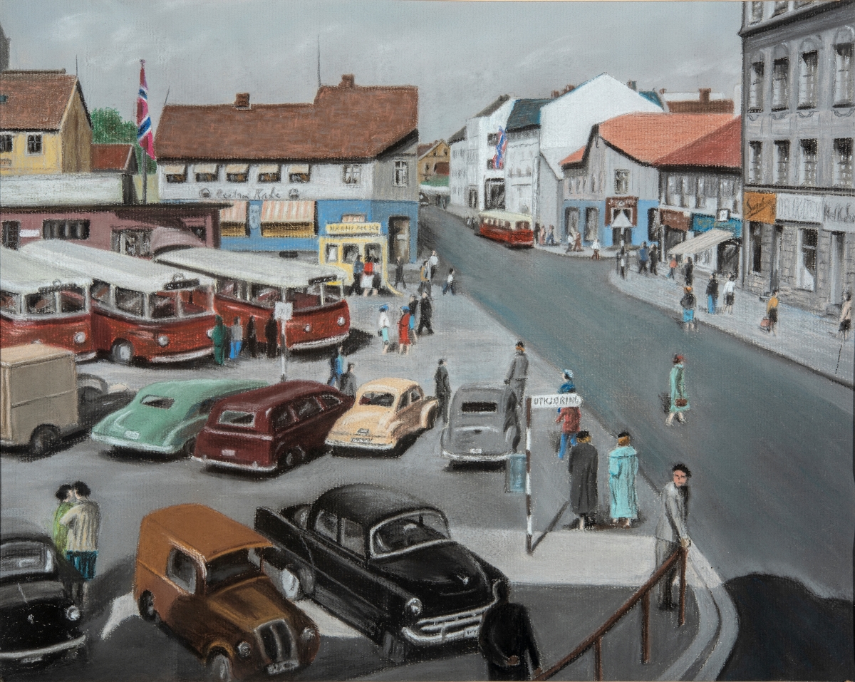 Hamar, Østre Torg, pastell av Alf Hermansen 1957. motivet er malt etter et postkort fra Normanns Kunstforlag fra 1955, Vangsvegen, rutebilstasjon, busser og biler, 
Se fotoarkiv nr: 0401-01327