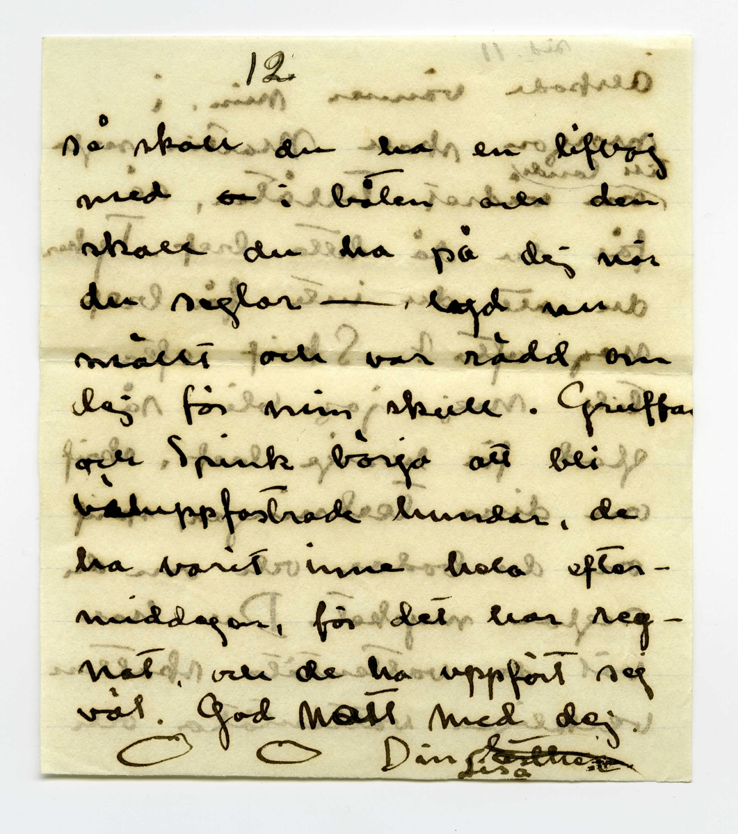 Brev 1909-07-07 från Ester Bauer till John Bauer, bestående av åtta sidor skrivna på båda sidor av tre pappersark (det ena vikt). Huvudsaklig skrift handskriven med svart bläck. På sista raden finns två liggande, spetsiga ovaler inritade före ”Din”. Förmodligen saknas sidorna 5-8.
.
BREVAVSKRIFT:
.
[Sida 1]
Vidinge d. 7/7 09

Min John

Jag sitter och ser på dina
kort och kysser dej. Jag skulle
vilja stå bakom din stol
och böja ditt hufvud bakåt
och kyssa, kyssa dej. Jag
är [överstruket: att] allt bra kär i dej
John. Nu skall jag gå
och bada, och ligga på de
varma släta stenarna och
tänka på dej. Jag är
ensam i stugan och mår
.
[Sida 2]
utmärkt. De små barnen
må också utmärkt och de
hälsa dej så mycket – 
Nej – [överstruket: oläsligt]
nu måste jag gå och bada.
Nu är kl 10 på kvällen.
JahnErik har kommit
hem från Furusund utan
att ha bref med sej från
dej. Johnne min – hvad
betyder det. ditt [överstruket: fina]
sista bref fick jag i fredags
och nu är det onsdag e.f.
Du skall ju skrifva hellst
för hvarje dag – åtminsto-
ne för hvarannan. I kväl
tycks det blåsa upp till
.
[Sida 3]
storm efter att ha varit
vackert hela dagen. Vi
ha fört ut kalfvar till
en liten ö ute i viken,
du kan tro att det var
lustigt att se kalfvarna
när de kommo ut ur
ladugården och fingo
se så mycket som de
aldrig i sitt korta lif
sett förr. När de kommo
ut på skäret gingo de
på buskar och berg – 
de förstodo inget och de
kunde inte bedöma
afstånd. Vi förde dem
på den stora segelbåten
.
[Sida 4]
4             3
God natt med dej
min egen John. Kyss
mej. Jag längtar – 
8/7. Jag ville vara hos
dej och se dina teckningar.
Behöfver du inte mej
till modell? Du ska
få se hur fet jag blifvit
då du kommer hit. sista
veckan tyngde jag 8 hg.
Fortsätter jag så väger
jag mot 60 kg. ännu
är det förstås bara 49.
Har du varit och fått
tagit bort dina Polyper
som du har i näsan?
annars gör det genast
.
[Kommentar: Förmodligen saknas sidorna 5-8]
.
[Sida 9]
9.
Jag skall ut på, jag
skall gå upp på ett berg
så att jag ser hafvet, så
blir det kanske bättre. God
natt med dej min egen
rare man. Sof godt och
dröm om mej.
9/7 I dag är det gråväder.
Måsar och Tärnor skrika
utanför mitt fönster. de ha
fått mat i dag. Sjömans
har fått en half tunna
strömming på sina ”skjötar”
i morse och måsarna få 
innanmätet, de flaxa så
att det glittrar hvitt för
ögonen och deras skrik verkar
.
[Sida 10]
10.
haf. [överstruket ? ?] Det blåser
nordan och jag var för
en stund sedan ute på
den yttersta udden, hvad
vågorna bråkade och fröste.
du minns väl grynnan som
är strax utanför, den lyste
mörk i vågdalarna men
när gågorna kommo blef
den skummande hvit.
Hafvet är hemskt, jag
vill inte ha dej där nere, 
då hoppade jag själf dit också
bara jag träffade dej, Johnne
min, då du kommer skall
jag bara med segelbåt emot
dej. Tag icke kanoten med
dej.
.
[Sida 11]
sid. 11
älskade vännen min. i
morgon skall Martin segla 
[inskrivet: till landet] om vädret tillåter, så
får du då detta bref. Tycker 
du att du inte får bref
nog ofta? Skrif ofta
till mej, jag blir så
glad för hvarje bref, skrif
om dina teckningar, skrif
om de bodar och om du
seglar mycket. Du har 
väl de vattentäta skotten
verkligen vattentäta och
.
[Sida 12]
12
så skall du ha en lifboj
med [överstruket: ?] i båten och den
skall du ha på dej när
du seglar – lyd nu
snällt och var rädd om 
dej för min skull. Gruffa-
och Spink börja att bli
väluppfostrade hundar, de
ha varit inne hela efter-
middagen, för det har reg-
nat, och de ha uppfört sej
väl. God natt med dej
Din [överstruket: Esther-]
Lisa
.
[inskrivet längst upp till höger på Sida 1: ]
Hälsa alla de dina. 
Har pappa 
kommit hem
igen?