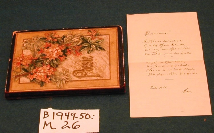 Minnebok med skrivepapir, stive permer og rygg i mørkerød fløyel. Forsiden dekorert med blomsterbukett og Poesie i relieff mot bunnen. Sidene løsnet fra ryggen. 57 sider, på de fleste er det skrevet minneord, noen med tegninger/akvareller, de fleste i årene 1890-92. Minneord signert bl.a. Henrik Ibsen, Bjørnstjerne Bjørnson, John Ibsen Stousland, Halvdan Koht, Fr. Ording, J.A. Schneider, Carl Stousland og Hedvig Ibsen Stousland.