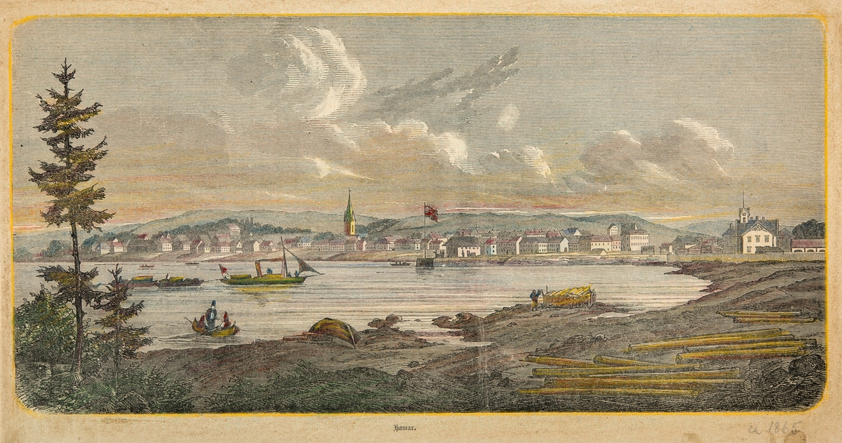 Mot Hamar, ca 1865. Gamle håndkolorete, fargelagte skillingstrykk, kobbertrykk, steintrykk, tresnitt.