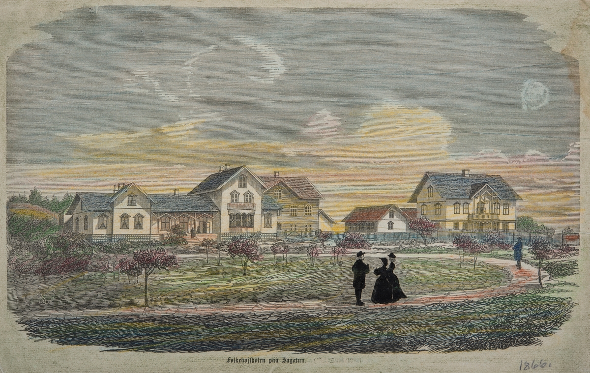 Gamle håndkolorete, fargelagte skillingstrykk, tresnitt. Sagatun. Folkehiskolen på sagatun, 1866
