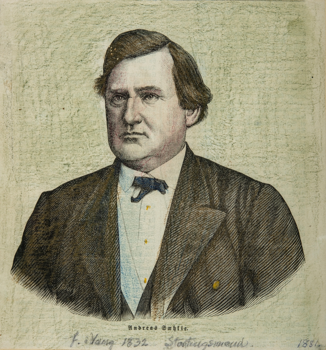 Gamle håndkolorete, fargelagte skillingstrykk, tresnitt. Portrett Andreas Sæhlie, født i Vang 1832. Stortingsmann.