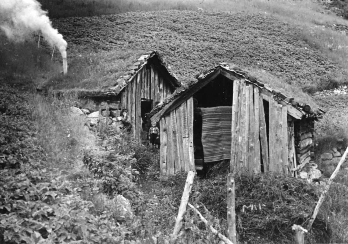 To bygninger på Juvvik ved Bråtveit. Det ene huset er delvis åpent og det kommer røyk ut av pipa på det andre. To gutter står foran inngangen. Det er dyrket mark i bakgrunnen.