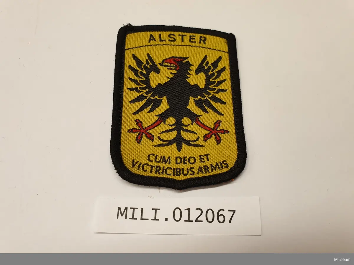 Tilläggstecken av textil med maskinbroderat motiv. Avsett att sys fast på uniformen.