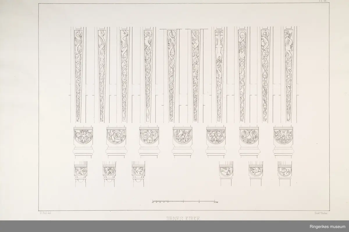 Heftet Norske bygninger fra fortiden utgitt av Foreningen til norske fortidsminnemerkers bevaring
Første hefte plansje 1-4 
Medfølger foreningens årsberetning 1859
Fire plansjer av Urnes kirke i Sogn
Plansjene er tegnet av G.Bull