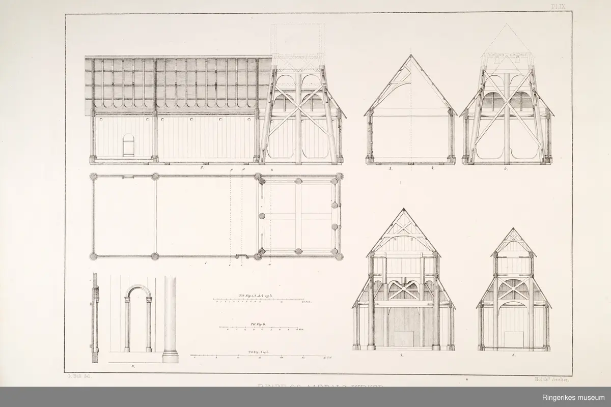 Heftet Norske bygninger fra fortiden utgitt av Foreningen til norske fortidsminnemerkers bevaring
Andet  hefte plansje 5-9
Medfølger foreningens årsberetning 1860
Plansjene er tegnet av G.Bull