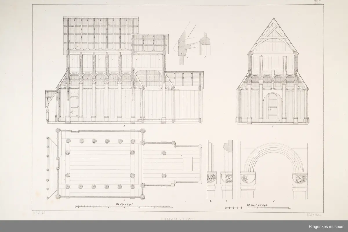 Heftet Norske bygninger fra fortiden utgitt av Foreningen til norske fortidsminnemerkers bevaring
Første hefte plansje 1-4 
Medfølger foreningens årsberetning 1859
Fire plansjer av Urnes kirke i Sogn
Plansjene er tegnet av G.Bull