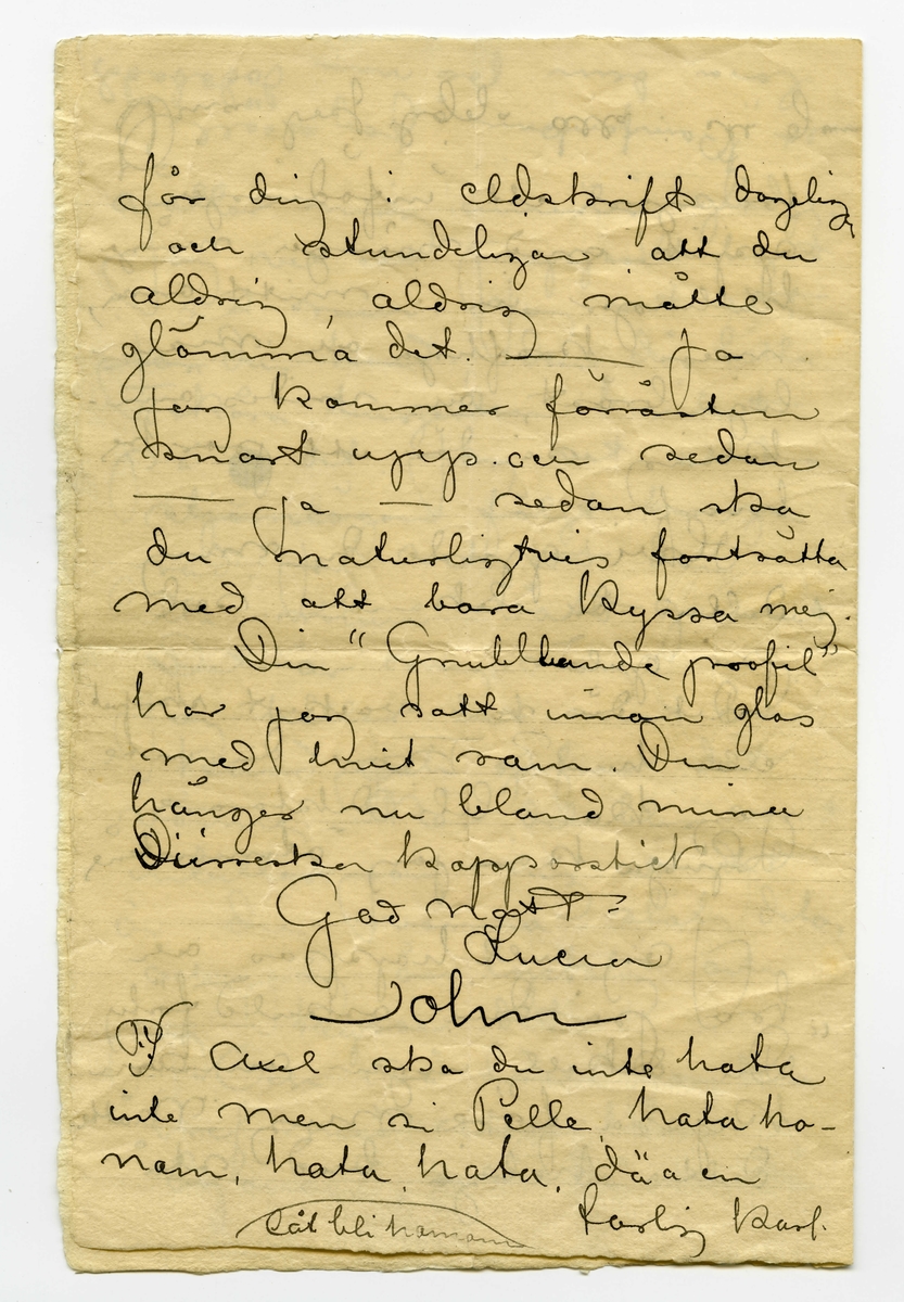 Brev Tjugondagknut 1904 från John Bauer till Ester Ellqvist, bestående av fyra sidor skrivna på bägge sidor av ett vikt pappersark. Huvudsaklig skrift handskriven med bläck. På andra sidan är en bläckfläck som gått igenom arket till första sidan. 
.
BREVAVSKRIFT:
.
[Sida 1]
Tjugondagknut 1904
.
Du lilla, söta, rara älsklig
näpna flickbarn.
.
Jag vet att du inte vill 
kallas så, men jag vågar
det. Hör inte på onda
tungor. Du vet att jag
så innerligt har älskat
dej allt ifrån det ögonblick
jag först såg dig.
Jag är trogen……
men du… -
Ack Esther – du vet
inte hvilka stora blödan-
de sår du tillfogat mitt
trogna olyckliga hjärta.
Hvarje bref du skrifver
.
[Sida 2]
vållar mig innerlig glädje.
Jag vet att pappret legat
i ditt rum. Jag vet att 
[överstruket: Ja-] din hand, den där lilla 
skära tingesten hvilat
på det. Jag vet att dina
stjärneögon följt hvarje
rad. Jag vet att din
lilla mun vätt g—mit[?].
Det är mej nog.
Jag håller det mot min
kind och gifver det
värme. När det blir varmt
inbillar jag mig att det
är din varma släta dito,
och jag är lycklig och
jag kysser det.
Och så läser jag dina
bref med stora tårar i
ögonen, och då och då
.
[Sida 3]
tränger ett infödinga
spjut med många, många 
hullingar in i mitt onda,
men kraftiga och man-
liga bröst, och vrides om-
kring så där ett par tre
hvarf.
Hvi gjorde du mig
detta du lekande sol
på guld.
Det där var vackert skrfvet
eller hur? Tror du inte 
jag kan bli diktarare.
Ljuga kan jag åtminståne
.
Jag vill hoppas och 
tro på din oskuld förty
”Du skall ingen anndre
kyssa före mig. Måtte
detta heliga bud stå
.
[Sida 4]
för dig i eldskrift dagelig
och stundeligen att du
aldrig, aldrig måtte
glömma det. – Ja
jag kommer förrästen
snart upp och sedan
--- ja --- sedan ska
du naturligtvis fortsätta
med att bara kyssa mej.
Din ”Grubblande profil”
har jag satt inom glas
med hvit ram. Den
hänger nu bland mina
Dürrerska kopparstick
    God natt
    Lucia
    John
P.S. Axel ska du inte hata
inte men si Pelle, hata, ho-
nom, hata, hata. dä a en 
farlig karl.
låt bli honnom
.
[Upp och ner över sida 2 och 3]
Dina bref ligga alla i ett gamalt kamferskrin. Jag skall
läsa dem på min dödsbädd