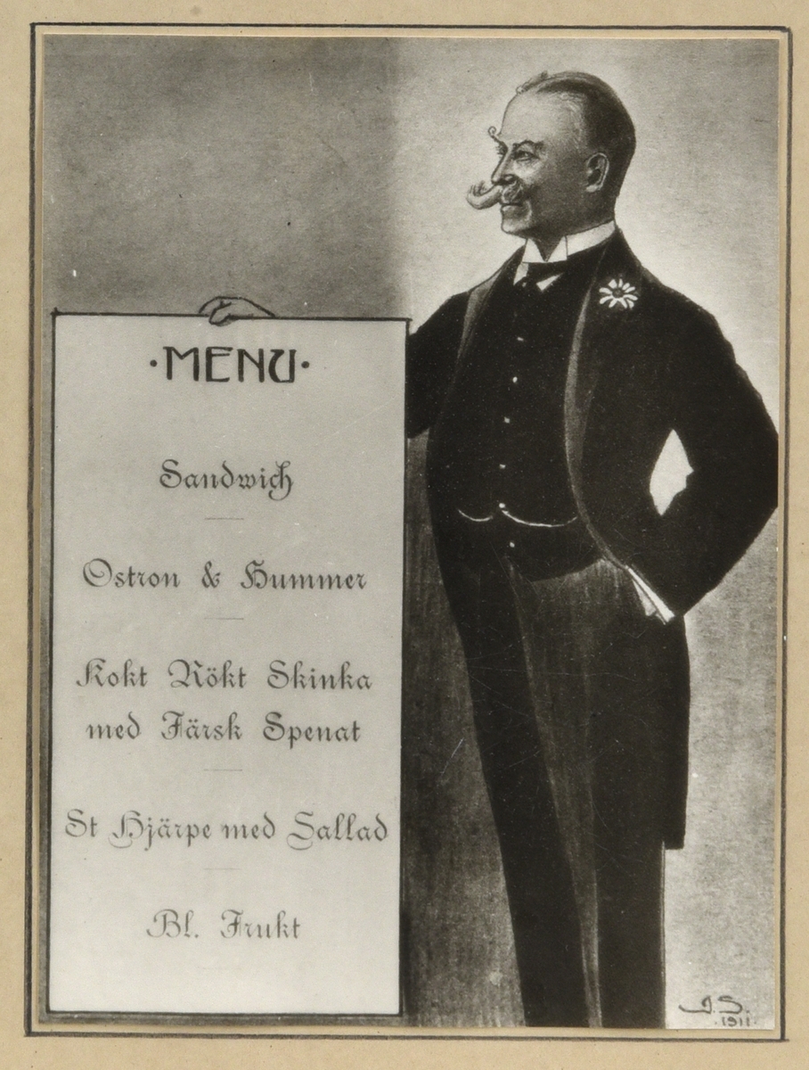 Minnestavla bestående av avfotograferade menyer och teckningar. Centralt i tavlan finns menyn från Leonard Lindens 40-årsfest som ägde rum 1901-01-31. Menyn som mestadels är på franska är omgärdad av karikatyrteckningar som skildrar Lindens liv från födseln i Lindesberg 1861, via skolgången och konfirmationen till hans europaresor och övertagandet av järnvägshotellet och restaurangen i Katrineholm 1897. Det hela kröns av en vapensköld med födelseåret 1861, jubileumsåret 1901 och datumet 31/1.

Till vänster om födelsedagsmenyn finns en bild med en stiliserad lind där kronan omgärdar ett runt porträtt av Linden som i sin tur inramas av en lagerkrans. Porträttet visar Linden i halvprofil iklädd mörk kavaj och stärkkrage samt framträdande vaxade mustascher. Under lövkronan finns på varsin sida om trädstammen Västmanlands och Södermanlands snedställda landskapsvapen med hertigkronor, under vapensköldarna finns en rosett. Trädets rötter bildar bokstäverna "LS". Till höger om rötterna finns signaturen "JS 1901".

Till höger om födelsedagsmenyn finns en bild med tre foton mot ett tecknat lövverk och sidenband. Fotografierna föreställer Katrineholms järnvägsstation, Grand Restaurant Kneippbaden i Norrköping och en tredje oidentifierad byggnad. På sidenbandet mellan fotografierna finns texten "Kofvan kommer kofvan går". Även den här bilden har signaturen "JS 01".

I mitten under födelsedagsmenyn finns ytterligare två bilder. Den högra visar en meny som hålls upp av Linden själv klädd i jaquette med väst och den karaktäristiska blomman i knapphålet. Han har handen i fickan och en stram uppsyn som möjligen lättas upp en aning av den yviga mustaschen. Det är möjligt att menyn kommer från Lindens 50-årdag.

Till vänster finns en meny för en 65-årsdag, troligen för Fredrik Wilhelm von Oelreich. Bilden består av ett flertal små foton på främst sörmländska slott och herrgårdar men även Katrineholm C och Villa Linden. Överst finns en teckning på ett barn i sin vagga som dricker cognac direkt ur flaskan. På vaggans gavel finns intitialerna "L. B. v. O." under en adelskrona och där står två bevingade soldater med foten på vaggans medar med gevären vid sin sida. Runt bilden löper en humlegirlang. Under teckningen finns årtalen 1848 och 1913 och datumet 15/2 och därunder ett portträtt, sannolikt av von Oelreich själv, i mörk kostym. Fotot är krönt av en adelskrona och under finns en otydlig vapensköld, Södermanlands vapen.

Bilderna är monterade på en blekbeige kartong och har fått linjerade konturer runt sig. Den tunna träramen har en enkel men förgylld pärla och är i övrigt mörkbetsad. På baksidan finns en stämpel i rött och svart från ramverkstaden LS Mählquist i Katrineholm.