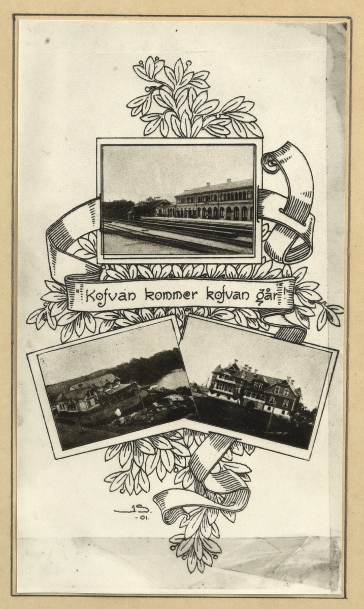 Minnestavla bestående av avfotograferade menyer och teckningar. Centralt i tavlan finns menyn från Leonard Lindens 40-årsfest som ägde rum 1901-01-31. Menyn som mestadels är på franska är omgärdad av karikatyrteckningar som skildrar Lindens liv från födseln i Lindesberg 1861, via skolgången och konfirmationen till hans europaresor och övertagandet av järnvägshotellet och restaurangen i Katrineholm 1897. Det hela kröns av en vapensköld med födelseåret 1861, jubileumsåret 1901 och datumet 31/1.

Till vänster om födelsedagsmenyn finns en bild med en stiliserad lind där kronan omgärdar ett runt porträtt av Linden som i sin tur inramas av en lagerkrans. Porträttet visar Linden i halvprofil iklädd mörk kavaj och stärkkrage samt framträdande vaxade mustascher. Under lövkronan finns på varsin sida om trädstammen Västmanlands och Södermanlands snedställda landskapsvapen med hertigkronor, under vapensköldarna finns en rosett. Trädets rötter bildar bokstäverna "LS". Till höger om rötterna finns signaturen "JS 1901".

Till höger om födelsedagsmenyn finns en bild med tre foton mot ett tecknat lövverk och sidenband. Fotografierna föreställer Katrineholms järnvägsstation, Grand Restaurant Kneippbaden i Norrköping och en tredje oidentifierad byggnad. På sidenbandet mellan fotografierna finns texten "Kofvan kommer kofvan går". Även den här bilden har signaturen "JS 01".

I mitten under födelsedagsmenyn finns ytterligare två bilder. Den högra visar en meny som hålls upp av Linden själv klädd i jaquette med väst och den karaktäristiska blomman i knapphålet. Han har handen i fickan och en stram uppsyn som möjligen lättas upp en aning av den yviga mustaschen. Det är möjligt att menyn kommer från Lindens 50-årdag.

Till vänster finns en meny för en 65-årsdag, troligen för Fredrik Wilhelm von Oelreich. Bilden består av ett flertal små foton på främst sörmländska slott och herrgårdar men även Katrineholm C och Villa Linden. Överst finns en teckning på ett barn i sin vagga som dricker cognac direkt ur flaskan. På vaggans gavel finns intitialerna "L. B. v. O." under en adelskrona och där står två bevingade soldater med foten på vaggans medar med gevären vid sin sida. Runt bilden löper en humlegirlang. Under teckningen finns årtalen 1848 och 1913 och datumet 15/2 och därunder ett portträtt, sannolikt av von Oelreich själv, i mörk kostym. Fotot är krönt av en adelskrona och under finns en otydlig vapensköld, Södermanlands vapen.

Bilderna är monterade på en blekbeige kartong och har fått linjerade konturer runt sig. Den tunna träramen har en enkel men förgylld pärla och är i övrigt mörkbetsad. På baksidan finns en stämpel i rött och svart från ramverkstaden LS Mählquist i Katrineholm.