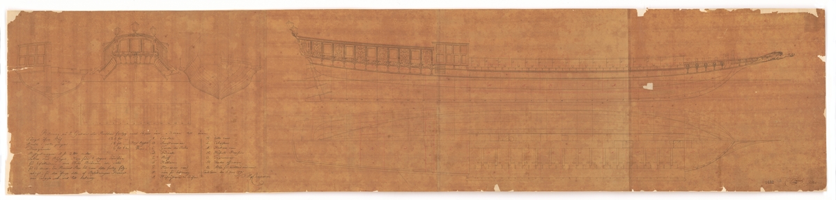 Kungligt roddfartyg med 16 par åror. Profil- och linjeritning, spant, sektion samt akterspegel.