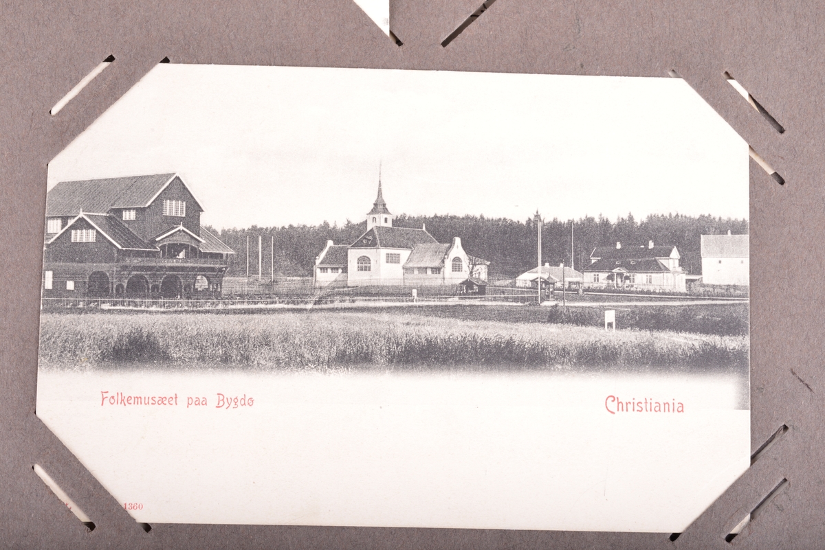 Prospektkort med motiver fra blant annet Trondheim, Heimdal, Nordfjord, Ålesund, Hamar, Tønsberg, Christiania, Bergen, Stockholm, "Fredly Ungdomsskole, Strinden", "Keiser Wilhelm og Kongen kjører til Stiftsgaarden", Wallenberg sjakttårn 1916.
