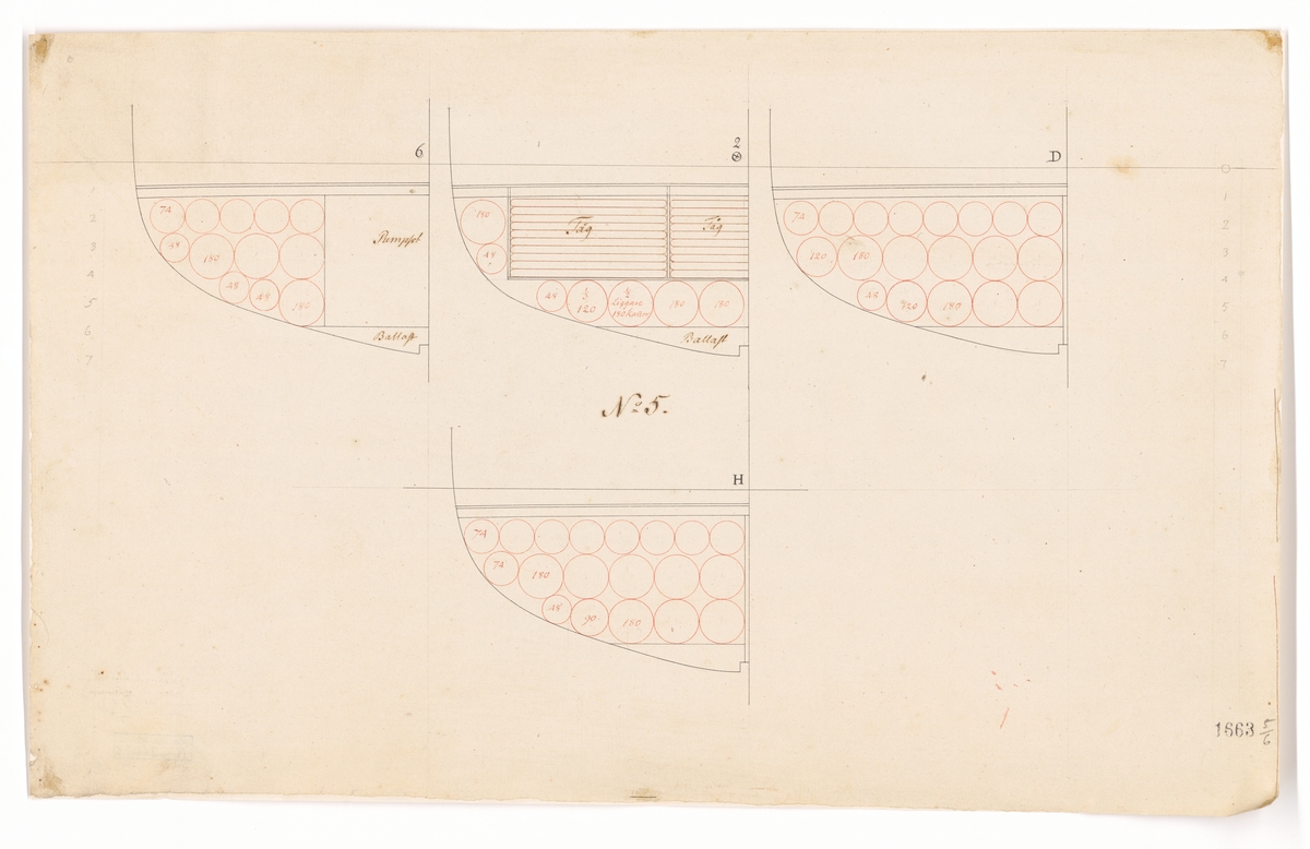 Fregatten DIANA. Inredningsritning, sektioner.