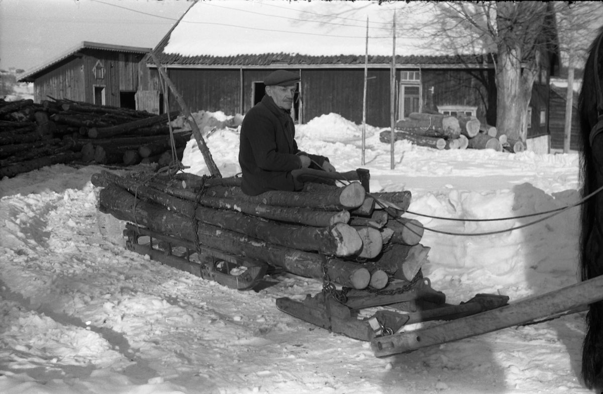 Hest trekker rustning lastet med ved/tømmer. Seks bilder fra gården Gile i Østre Toten, mars 1958. Mannen som sitter på lasset er trolig Martin Grindvoll.