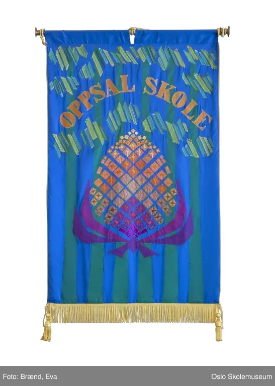 En stilisert kongle applikert og brodert på blå og grønn bakgrunn. Konglen representerer skolens nærhet til naturen (Østmarka). Øverst på fanen står skolens navn.