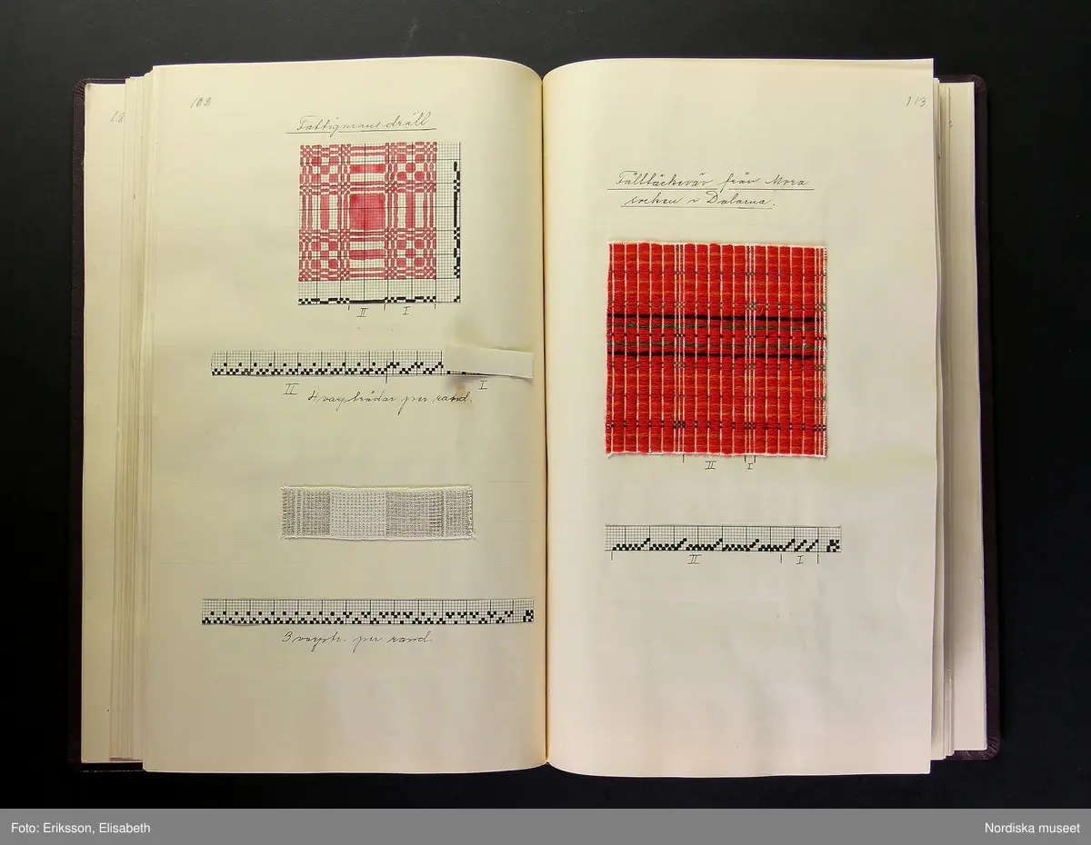 Vävbok. Svart pärm med tryck i guldfärg på framsidan "VÄVBOK" / "ELSA WIKSTRAND". Boken är handskriven med text och teckningar av vävstolar och vävnotor. Inklistrade tygprover.